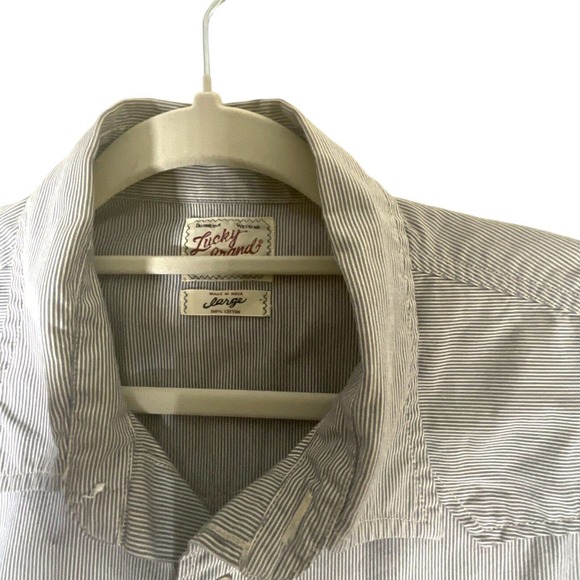 Lucky Brand Mens Sz L Pearl Snap Western Shirt Button Up Gray Striped Flaps Logo - Picture 2 of 12